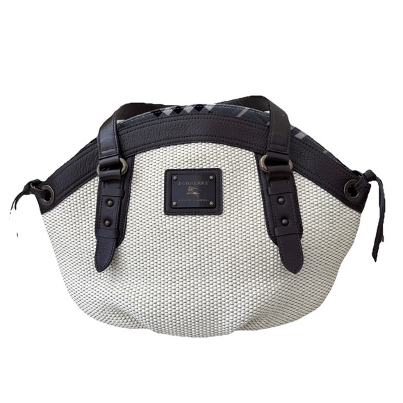 BURBERRY Blue‎ Label Tote Bag Purse Handbag Leather Raffia Straw Beige Cresent - Picture 1 of 15